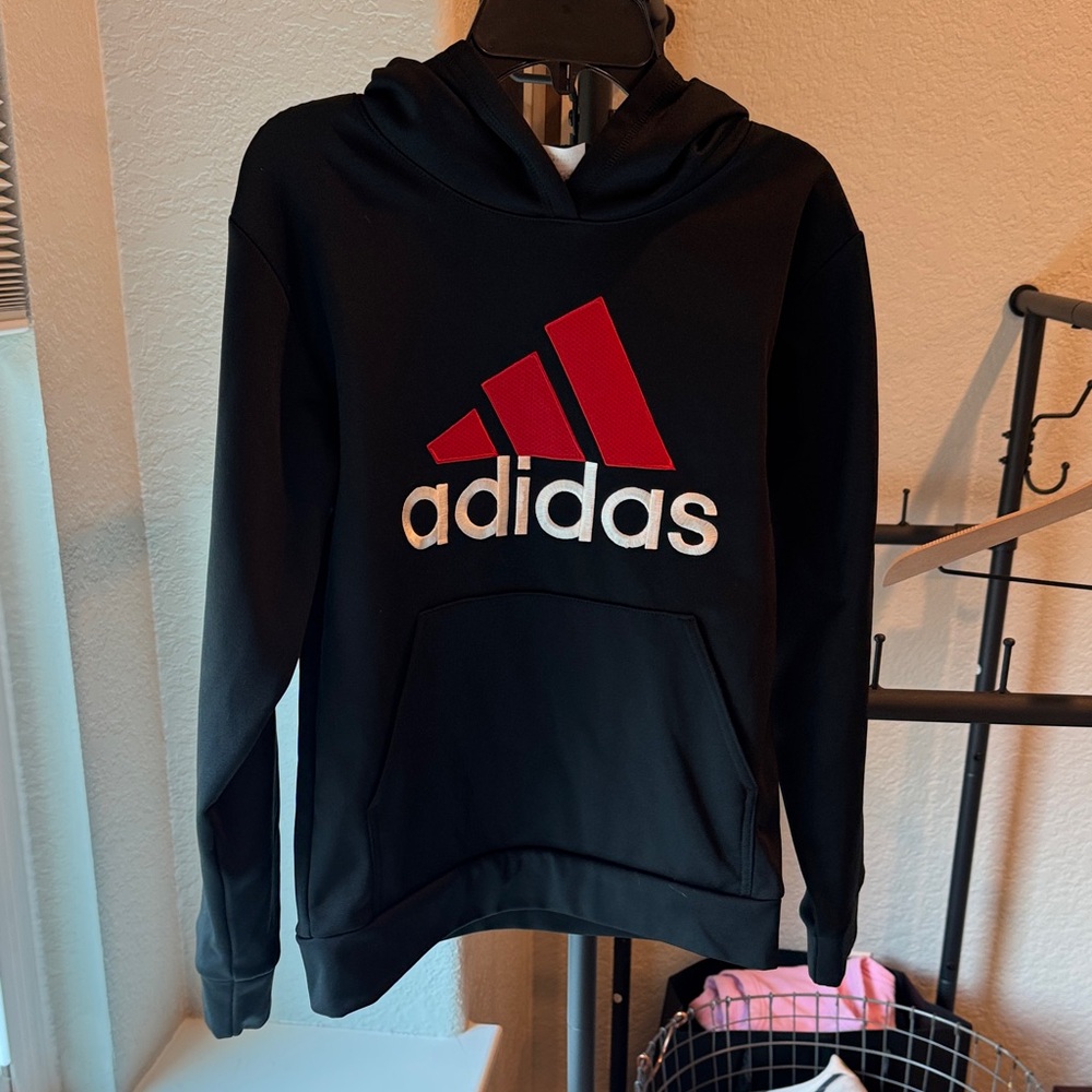 Adidas Black Hoodie with Bold Red Logo boys size 10/12